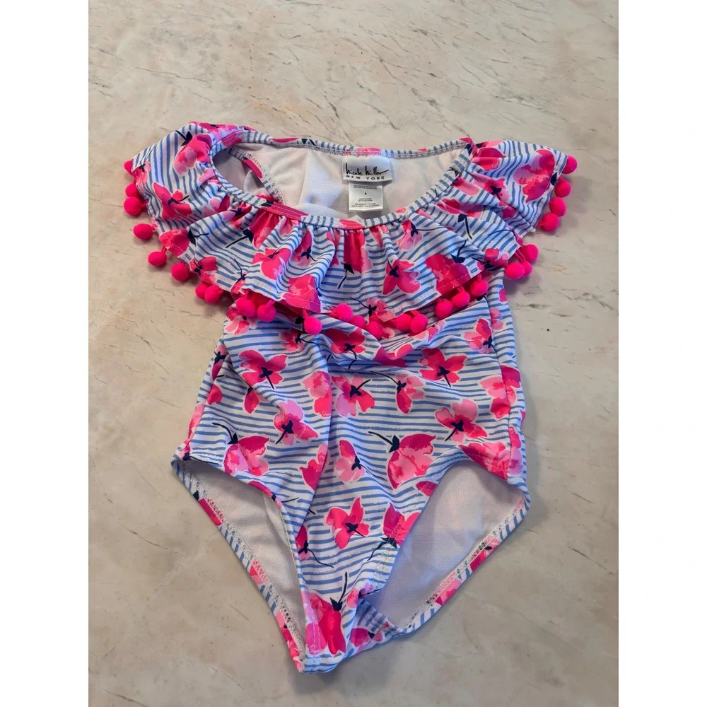 Nicole Miller New York Girls Floral Striped Pom Pom Ruffle Swimsuit Pink Blue 4